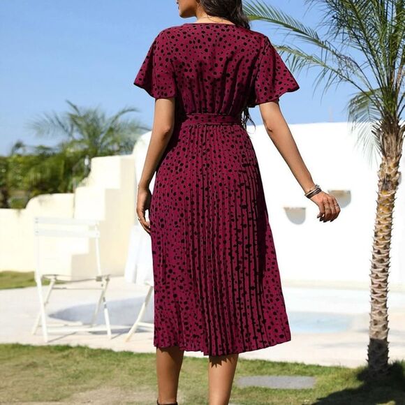 Dark Red Polka Dot Pleated Faux Wrap Dress Size L - Picture 2 of 13